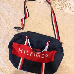 Tommy Hilfiger Navy and Red Canvas Messenger Bag